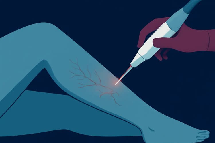 Pernas de uma mulher com vasinhos sendo tratadas com laser, mostrando o procedimento.