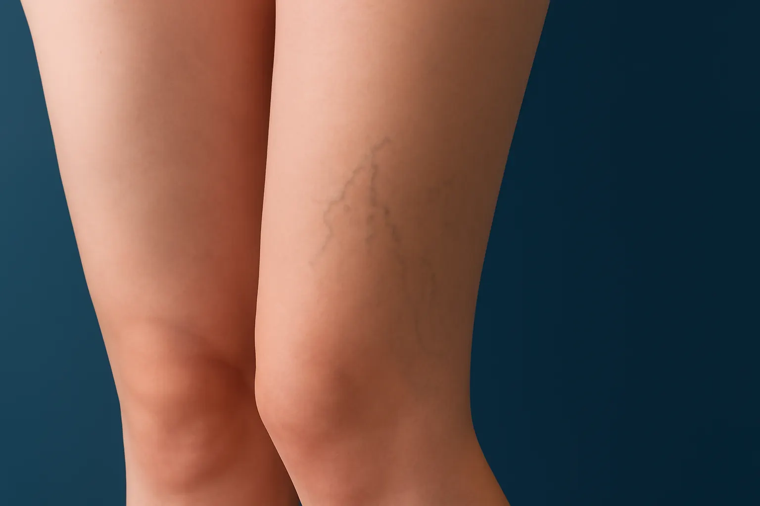 Close-up de vasinhos finos e azulados nas pernas de uma mulher, com foco nos detalhes da pele.